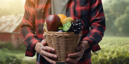 A person holds a woven basket filled with vibrant fresh fruits and vegetables. The setting is rustic, bathed in soft sunlight, showcasing the beauty of nature and harvest.の写真素材