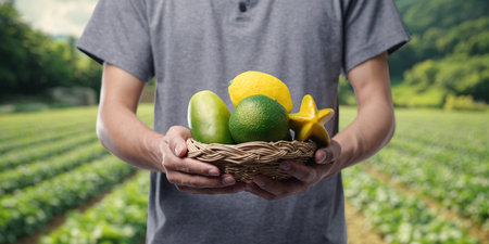 A farmer holds a basket filled with fresh fruits, including lime, lemon, and starfruit, against a serene agricultural backdrop, showcasing healthy living.の写真素材