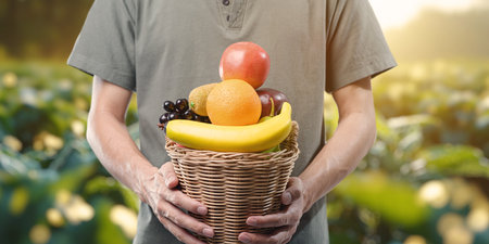 A person holds a basket filled with a variety of fresh fruits, symbolizing health and vitality. The scene captures a beautiful outdoor setting in a green field.の写真素材