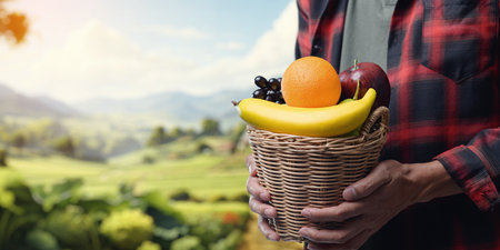 A man stands in a lush countryside holding a woven basket filled with fresh fruits. This vibrant outdoor scene captures the essence of healthy living and nature.の写真素材