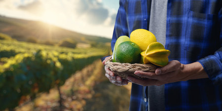 A person holds a basket of fresh citrus fruits, including lemon and lime, amidst a scenic vineyard at sunset, showcasing the beauty of agriculture and nature.の写真素材