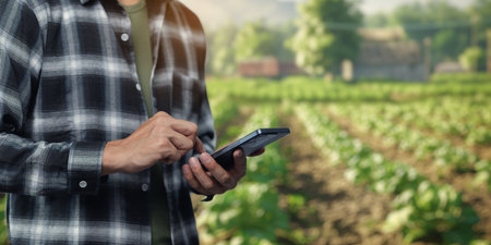 A farmer in a plaid shirt uses a smartphone to monitor crops in a vibrant green field. This image captures the intersection of technology and agriculture in a serene rural landscape.の写真素材