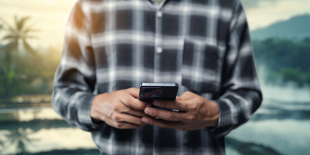 A man dressed in a plaid shirt holds a smartphone, surrounded by a stunning natural landscape at dusk. The serene background enhances the moment.の写真素材