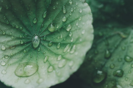 Discover the beauty of nature with close-up shots of water droplets on green leaves, highlighting...