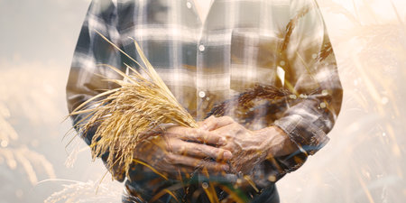 A man gently holds wheat stalks in his hands, showcasing the essence of agriculture amidst a serene and natural background, reflecting hard work and passion.の写真素材