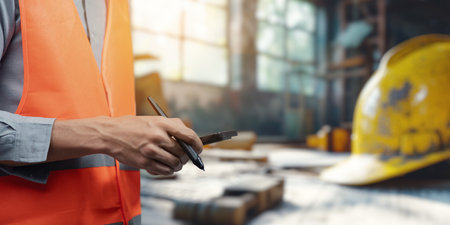 A construction worker in an orange safety vest holds a pen and smartphone, ready for planning tasks at a busy site. The background features tools and a helmet.の写真素材