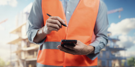 A construction worker in a safety vest takes notes on a smartphone at a building site. This image depicts professionalism and communication in construction.の写真素材