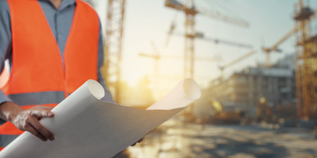 A construction worker in a safety vest examines blueprints at a building site. Cranes and machinery are visible in the background, emphasizing the active construction environment.の写真素材