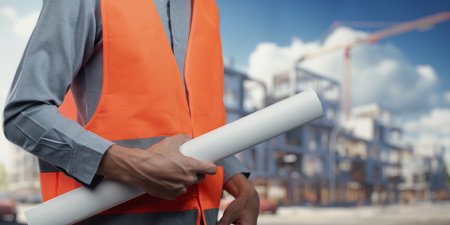 A focused construction worker in an orange safety vest holds a blueprint at an outdoor job site, showcasing diligence and professionalism in construction planning.の写真素材