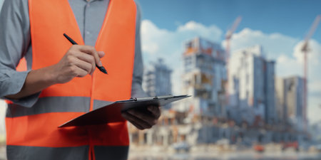 A construction worker holds a clipboard and pen, inspecting projects at a busy building site. The image emphasizes professionalism and safety in construction work.の写真素材