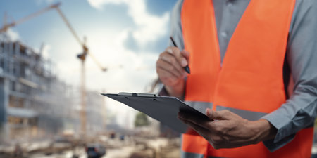 A construction worker in a safety vest holds a clipboard at a job site, highlighting the commitment to safety and organization in the building industry.の写真素材