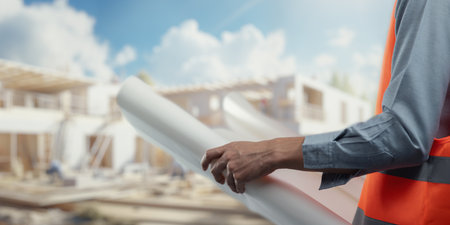 A construction worker in a safety vest carefully examines a blueprint at a building site, showcasing the blend of planning and hands-on work in modern construction.の写真素材