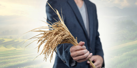 A businessman stands proudly holding a stalk of rice in his hand, symbolizing the connection between agriculture and trade, set against a beautiful farm landscape.の写真素材