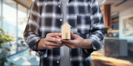 A concept image depicting the buying and selling of residential rental houses, showcasing a person...