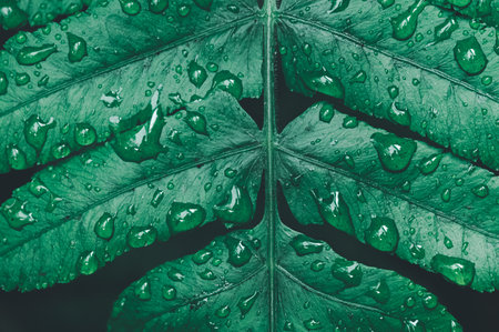 This image showcases a vibrant green leaf adorned with fresh water droplets, highlighting the beauty of nature and the intricate textures of foliage.の写真素材