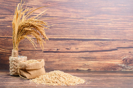 Capture the essence of rustic elegance with this still life image featuring rice, dried grass, and natural elements set against a warm wooden backdrop.の写真素材