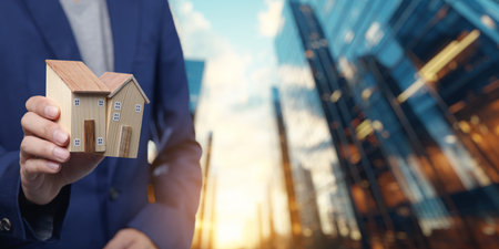 A confident real estate agent presents model houses in an urban setting, symbolizing the dynamic aspects of buying, selling, and renting residential properties.の写真素材