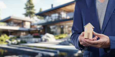 A professional individual holding a miniature house symbolizes the dynamics of real estate transactions, such as buying, selling, or renting residential properties.の写真素材