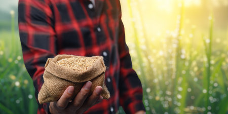 A farmer displays a burlap bag of rice against a vibrant green field, symbolizing sustainable agriculture and the importance of food trading in rural communities.の写真素材