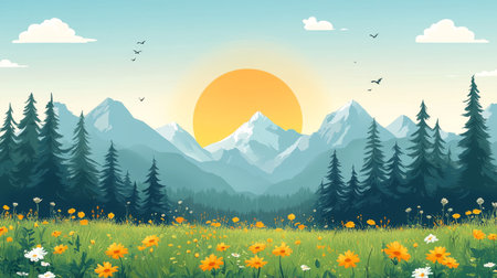 A beautiful vector illustration showcasing a serene mountain landscape during sunrise, featuring vibrant flowers, tall trees, and a clear sky. Perfect for nature themes.の写真素材