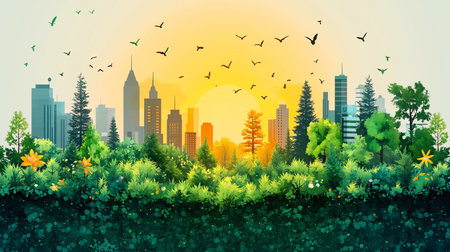 This vibrant vector illustration showcases a serene sunset over a cityscape, blending urban and natural elements, highlighting harmony in the environment.の写真素材