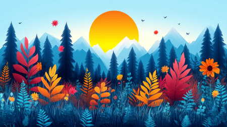 Explore this vibrant vector illustration showcasing a serene nature landscape with mountains, a setting sun, and colorful flora. Perfect for environmental themes.の写真素材