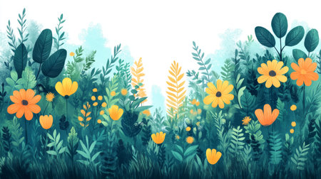 This vibrant flat design illustration features a lush landscape filled with colorful flowers and greenery. Perfect for nature-themed projects and decor.の写真素材