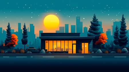 Explore a captivating flat design illustration featuring a sunset scene with modern architecture set against a vibrant city skyline.の写真素材