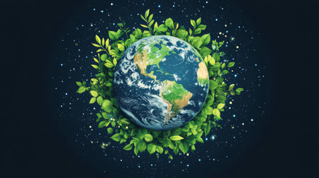 Captivating illustration of Earth nestled within vibrant green leaves, showcasing nature's beauty...