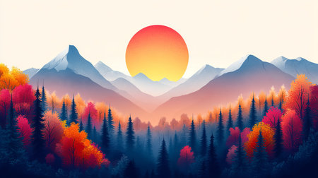 Experience a stunning illustration of a sunset over mountains, showcasing vibrant autumn foliage and a serene atmosphere. Perfect for nature lovers.の写真素材