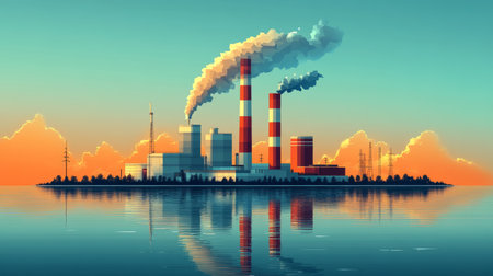 This vibrant vector illustration depicts a modern industrial environment with colorful factories and smokestacks, set against a serene water reflection.の写真素材