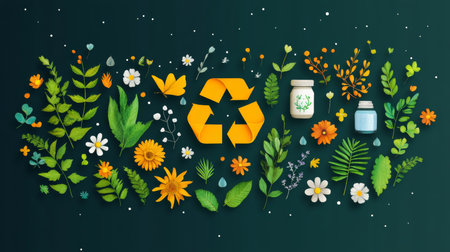 Vibrant eco-friendly vector illustration featuring nature elements, recycling symbol, and a variety of flowers and leaves, ideal for promoting sustainability and green design.の写真素材