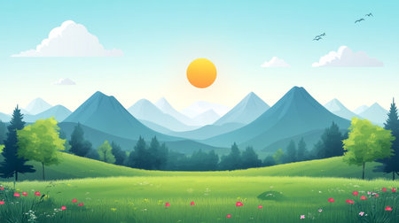 A beautiful flat design vector illustration showcasing a serene landscape with mountains, a vibrant sun, and lush greenery. Perfect for nature-themed projects.の写真素材