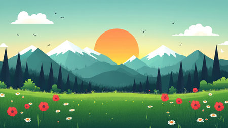 A beautiful vector illustration depicting a serene sunset over majestic mountains, complemented by blooming flowers in a lush green meadow, perfect for nature-themed designs.の写真素材
