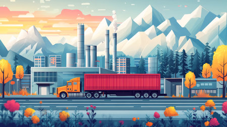 This vibrant illustration captures a truck driving alongside an industrial complex set against majestic mountains, showcasing a blend of nature and industry.の写真素材