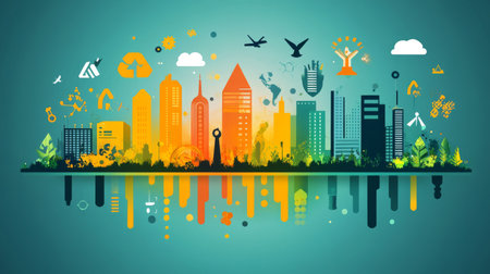 Explore this vibrant flat vector illustration showcasing an eco-friendly cityscape with nature and sustainability elements, perfect for design projects.の写真素材