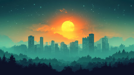This vibrant flat vector illustration showcases a city skyline at sunset, with dynamic colors and serene landscapes, perfect for designs focused on nature and urban environments.の写真素材