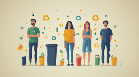 Illustrative vector design showing diverse individuals engaged in responsible waste management and recycling. Promotes eco-friendly practices and community awareness.の写真素材