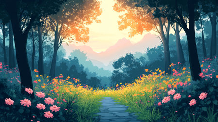 Experience the beauty of nature with this serene illustration of a sunlit forest. A vibrant flower pathway leads through lush greenery, creating a tranquil atmosphere.の写真素材