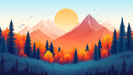 A stunning vector illustration depicting an autumn landscape with mountains bathed in warm sunset colors, surrounded by vibrant trees, capturing tranquility and beauty.の写真素材