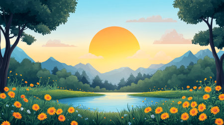 A stunning vector illustration of a serene sunset landscape featuring vibrant flowers, a shimmering river, and majestic mountains under a clear sky.の写真素材