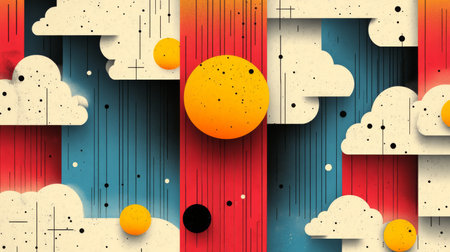 This vibrant abstract vector illustration features colorful clouds and a bright sun, perfect for modern graphic design projects or artistic expressions.の写真素材