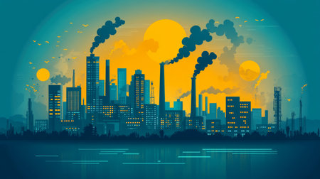 This vibrant vector illustration depicts an industrial environment with factories and smokestacks against a sunset backdrop, highlighting themes of pollution and urban life.の写真素材