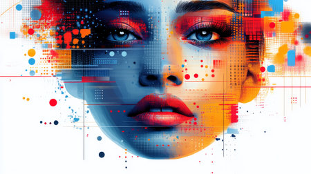 Explore this striking abstract vector art portrait featuring a woman's face surrounded by colorful geometric patterns, representing beauty and creativity.の写真素材