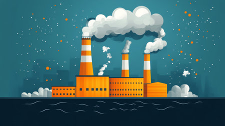 This modern vector illustration showcases an industrial factory emitting smoke. The design emphasizes the contrast between industry and environment, reflecting on sustainability.の写真素材