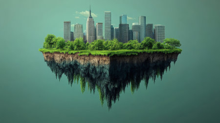This captivating illustration features a floating cityscape above lush greenery, showcasing harmony between urban architecture and nature in a modern flat design.の写真素材