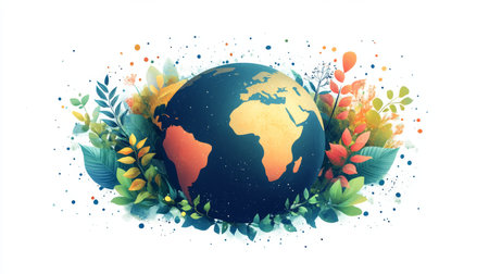 This flat design illustration showcases a vibrant Earth surrounded by lush foliage, symbolizing nature's beauty and environmental harmony. Ideal for eco-friendly projects.の写真素材