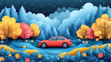 Bright and vibrant flat design illustration of a red car in a stylized natural landscape full of colorful trees and flowers under a moody sky.の写真素材
