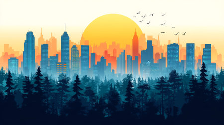 Vibrant vector illustration of a city skyline at sunset, surrounded by trees. This serene design captures the harmony between urban life and nature, perfect for various projects.の写真素材