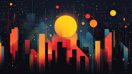 Vibrant urban sunset illustration featuring abstract shapes and colors, perfect for modern design projects. Ideal for backgrounds, posters, and more.の写真素材
